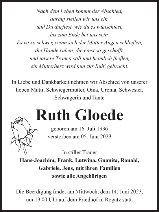 Traueranzeige von Ruth Gloede von Volksstimme Haldensleben/Wolmirstedt