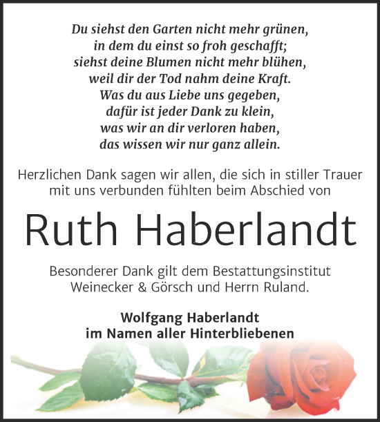 Traueranzeige von Ruth Haberlandt von Trauerkombi Bernburg