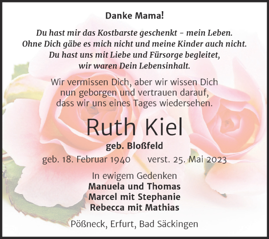 Traueranzeige von Ruth Kiel von Trauerkombi Sangerhausen
