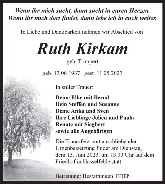 Traueranzeige von Ruth Kirkam von Volksstimme Wernigerode