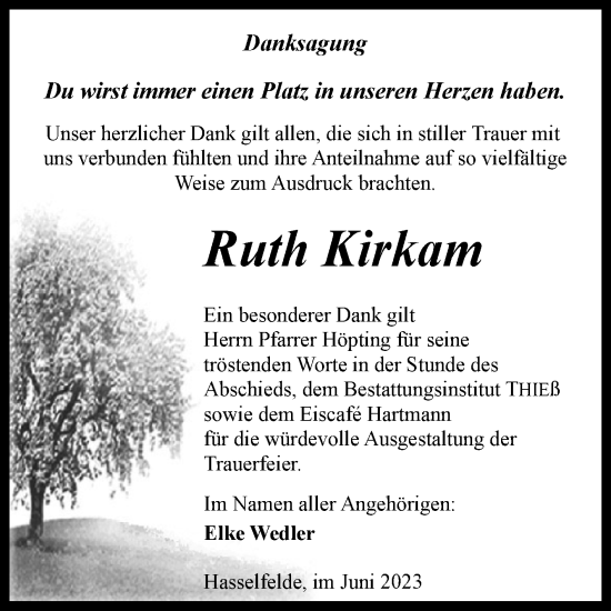 Traueranzeige von Ruth Kirkam von Volksstimme Wernigerode