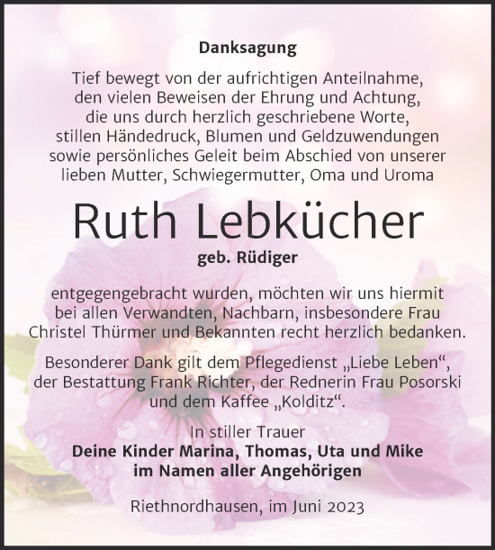 Traueranzeige von Ruth Lebkücher von Trauerkombi Sangerhausen