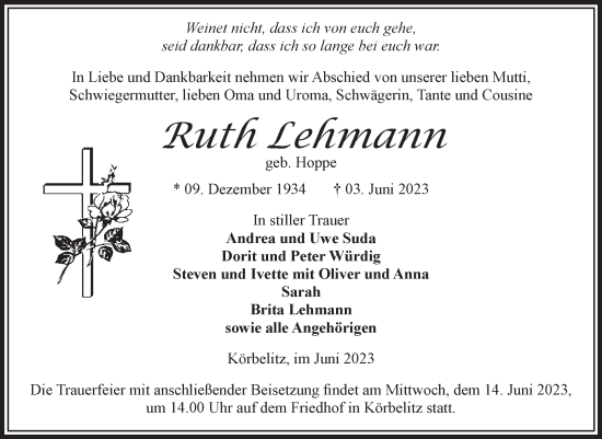 Traueranzeige von Ruth Lehmann von Volksstimme Burg/Genthin