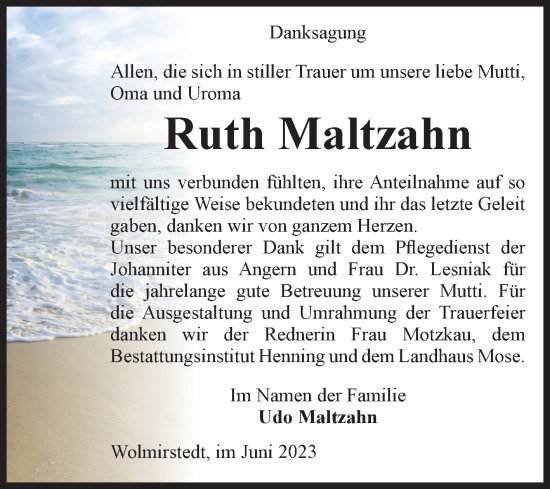 Traueranzeige von Ruth Maltzahn von Volksstimme Haldensleben/Wolmirstedt