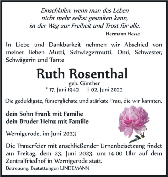 Traueranzeige von Ruth Rosenthal von Volksstimme Wernigerode