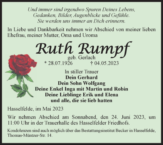 Traueranzeige von Ruth Rumpf von Volksstimme Wernigerode