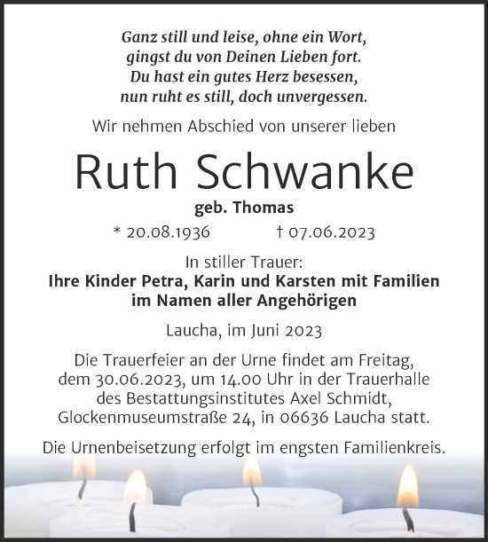 Traueranzeige von Ruth Schwanke von Wochenspiegel Naumburg/Nebra
