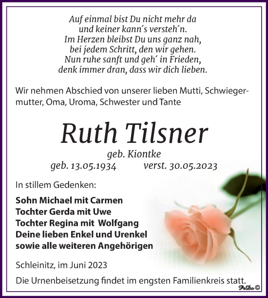 Traueranzeige von Ruth Tilsner von Trauerkombi Zeitz