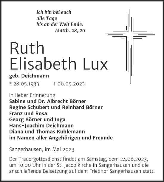 Traueranzeige von Ruth Elisabeth Lux von Trauerkombi Sangerhausen