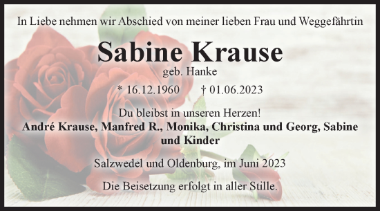 Traueranzeige von Sabine Krause von Volksstimme Altmark West