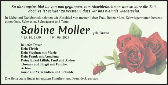 Traueranzeige von Sabine Moller von Volksstimme Zerbst