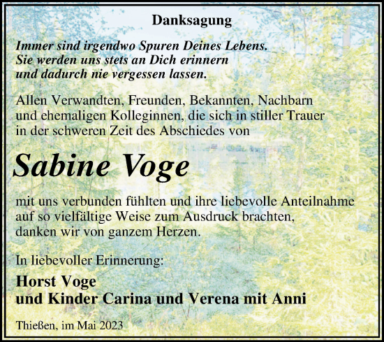 Traueranzeige von Sabine Voge von Trauerkombi Wittenberg