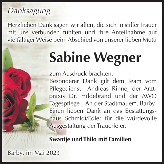 Traueranzeige von Sabine Wegner von Volksstimme Schönebeck