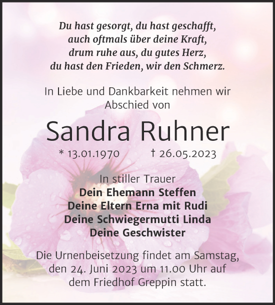 Traueranzeige von Sandra Ruhner von Trauerkombi Bitterfeld