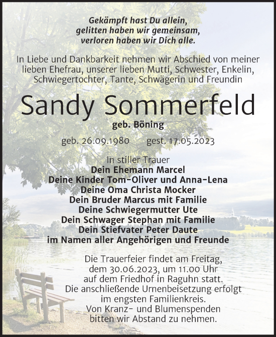 Traueranzeige von Sandy Sommerfeld von Trauerkombi Bitterfeld