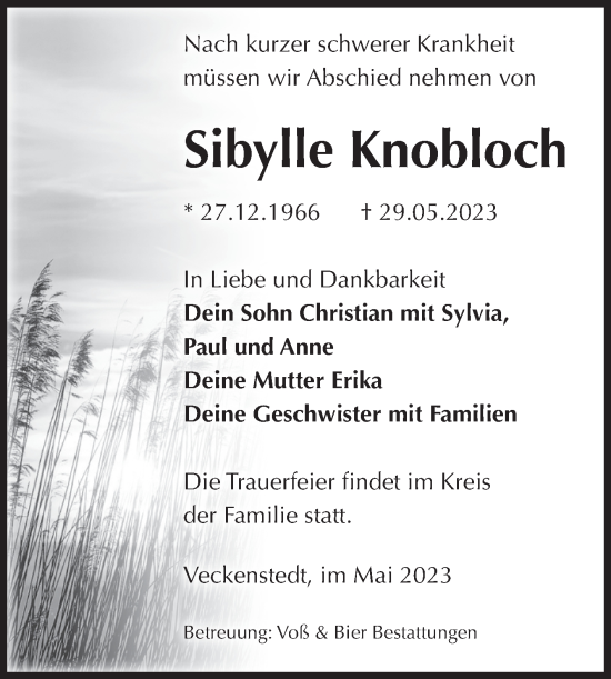 Traueranzeige von Sibylle Knobloch von Volksstimme Wernigerode