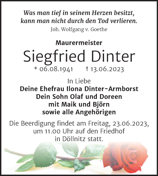 Traueranzeige von Siegfried Dinter von Mitteldeutsche Zeitung Halle/Saalkreis