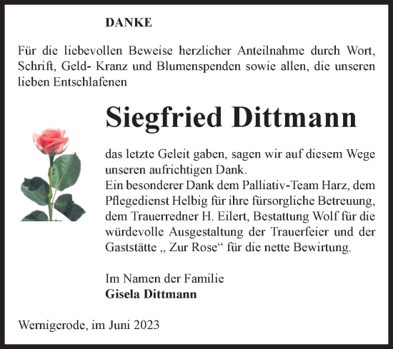 Traueranzeige von Siegfried Dittmann von Volksstimme Wernigerode