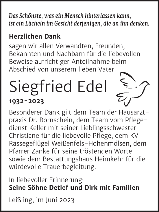 Traueranzeige von Siegfried Edel von Trauerkombi Weißenfels