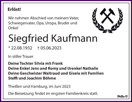 Traueranzeige von Siegfried Kaufmann von Trauerkombi Zeitz