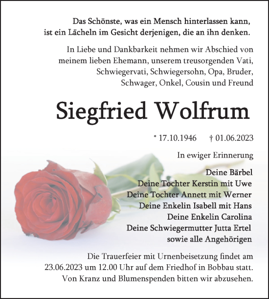 Traueranzeige von Siegfried Wolfrum von Trauerkombi Bitterfeld