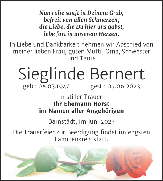 Traueranzeige von Sieglinde Bernert von Mitteldeutsche Zeitung Merseburg/Querfurt