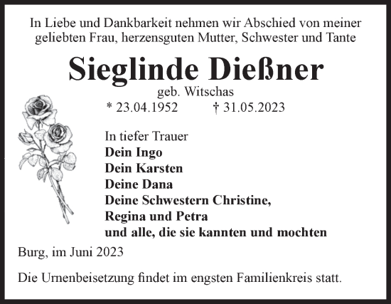 Traueranzeige von Sieglinde Dießner von Volksstimme Burg/Genthin