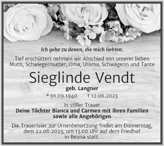 Traueranzeige von Sieglinde Vendt von Trauerkombi Merseburg
