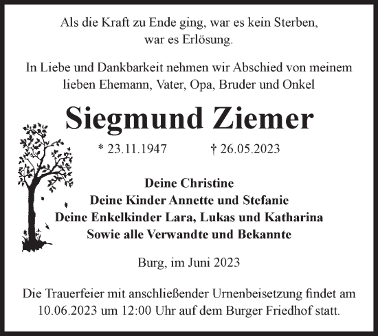 Traueranzeige von Siegmund Ziemer von Volksstimme Burg/Genthin