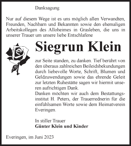 Traueranzeige von Siegrun Klein von Volksstimme Haldensleben/Wolmirstedt