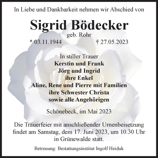 Traueranzeige von Sigrid Bödecker von Volksstimme Schönebeck