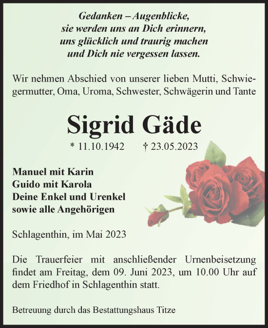 Traueranzeige von Sigrid Gäde von Volksstimme Burg/Genthin