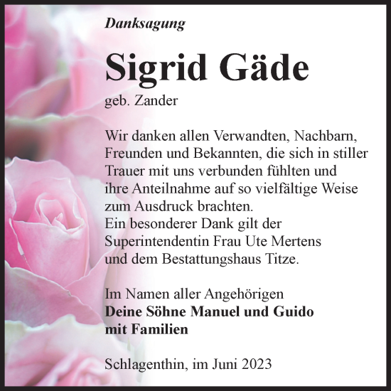 Traueranzeige von Sigrid Gäde von Volksstimme Burg/Genthin