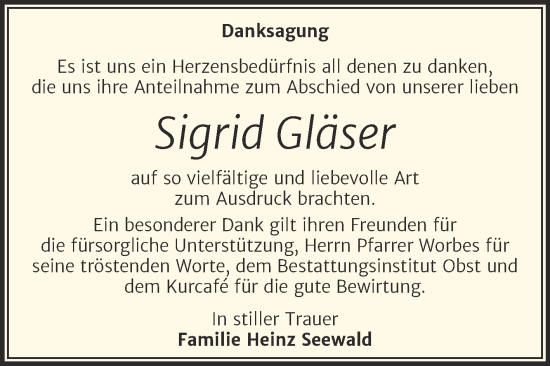 Traueranzeige von Sigrid Gläser von Trauerkombi Merseburg