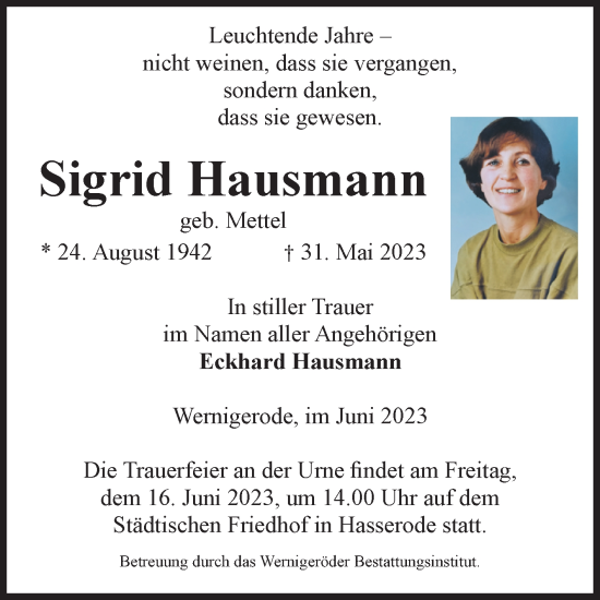 Traueranzeige von Sigrid Hausmann von Volksstimme Wernigerode