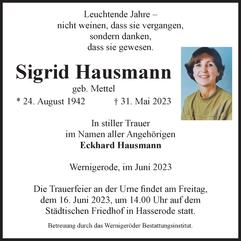  Traueranzeige für Sigrid Hausmann vom 03.06.2023 aus Volksstimme Wernigerode
