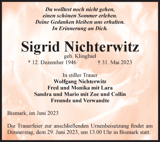 Traueranzeige von Sigrid Nichterwitz von Volksstimme Altmark Ost
