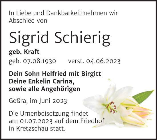 Traueranzeige von Sigrid Schierig von Trauerkombi Zeitz