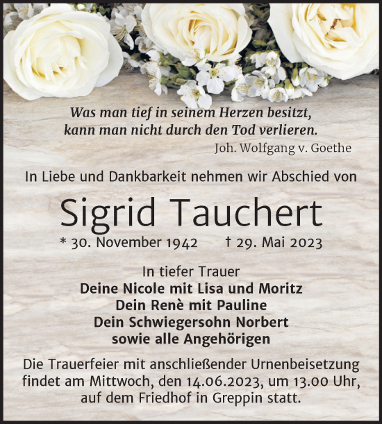 Traueranzeige von Sigrid Tauchert von Trauerkombi Bitterfeld