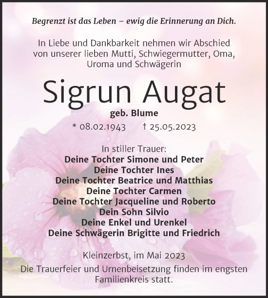 Traueranzeige von Sigrun Augat von Trauerkombi Wittenberg