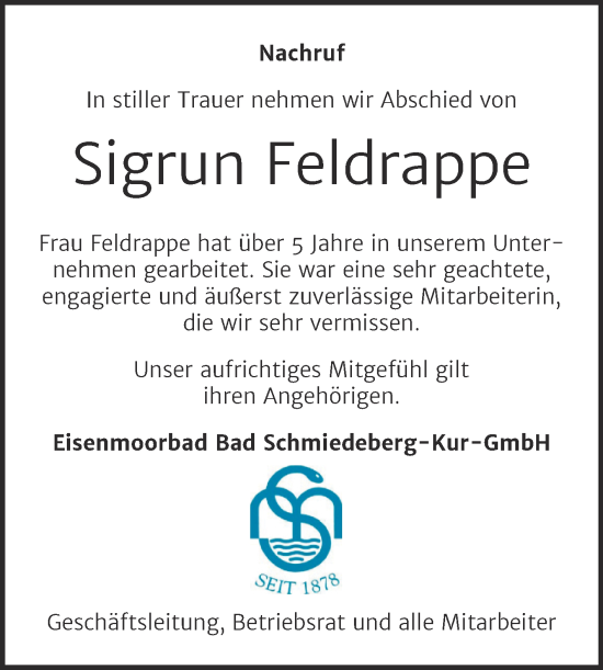 Traueranzeige von Sigrun Feldrappe von Mitteldeutsche Zeitung