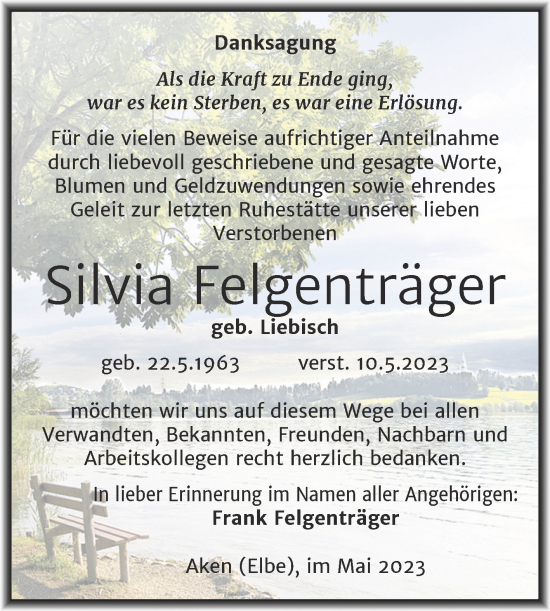 Traueranzeige von Silvia Felgenträger von Trauerkombi Köthen