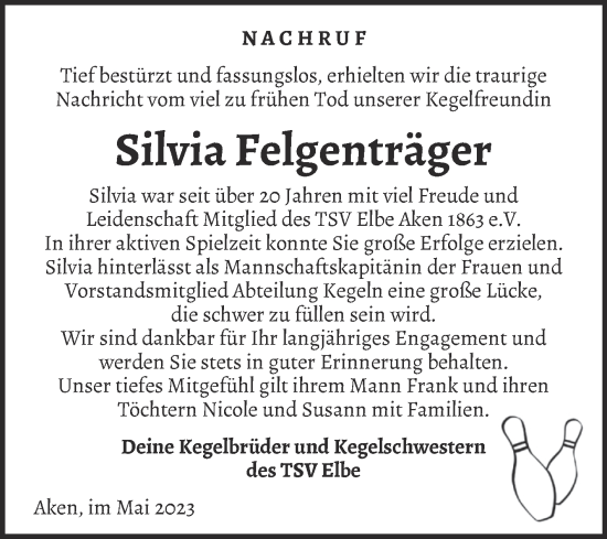 Traueranzeige von Silvia Felgenträger von Super Sonntag Köthen