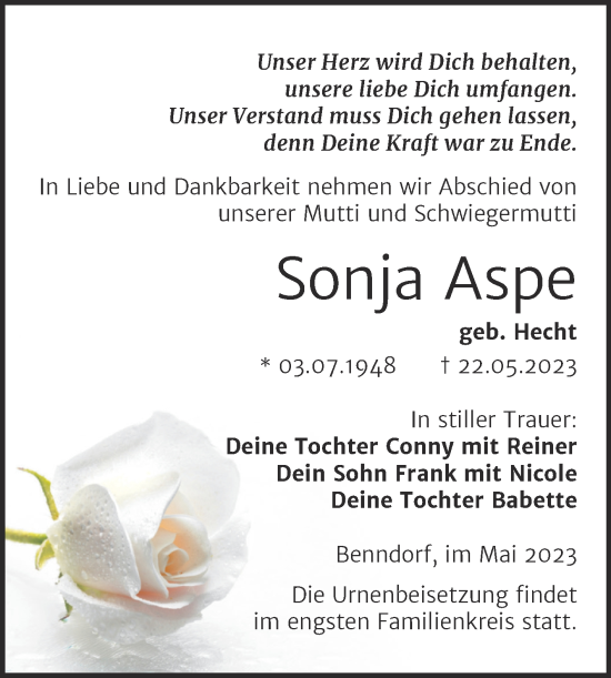 Traueranzeige von Sonja Aspe von Trauerkombi Mansfelder Land