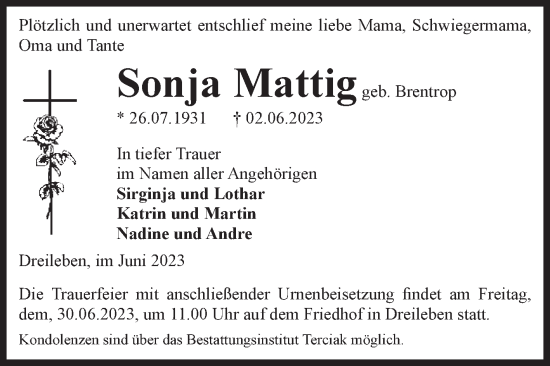 Traueranzeige von Sonja Mattig von Volksstimme Oschersleben/Wanzleben