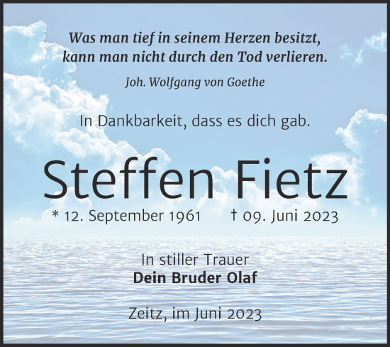 Traueranzeige von Steffen Fietz von Trauerkombi Zeitz