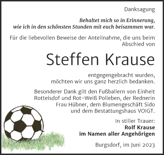 Traueranzeige von Steffen Krause von Trauerkombi Mansfelder Land