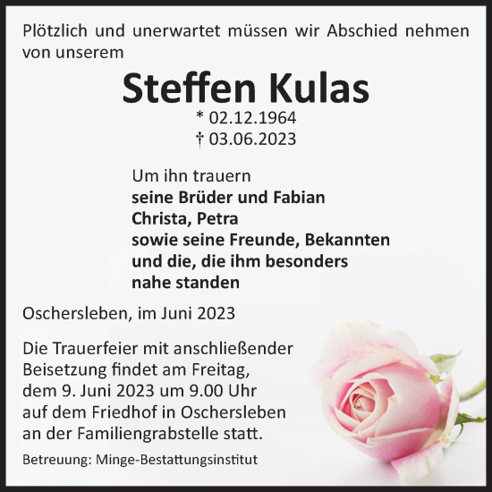 Traueranzeige von Steffen Kulas von Volksstimme Oschersleben/Wanzleben