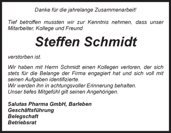 Traueranzeige von Steffen Schmidt von Volksstimme Staßfurt