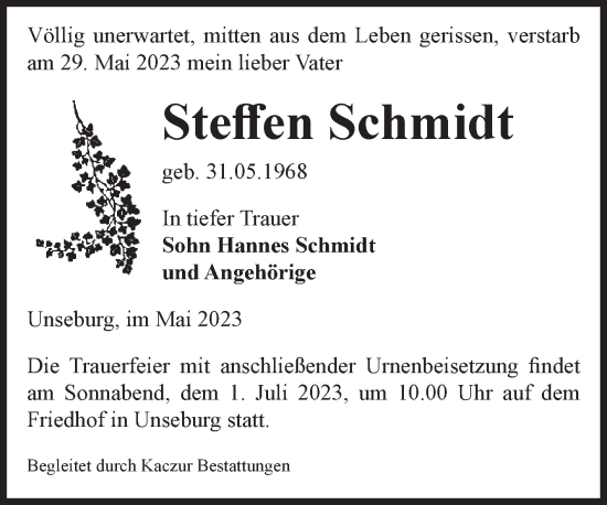 Traueranzeige von Steffen Schmidt von Volksstimme Staßfurt